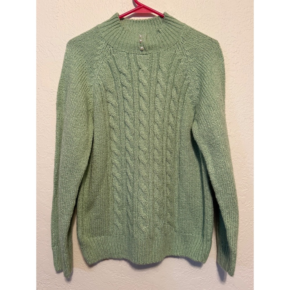 Karen Scott Sage Green Cable Knit Mock Neck Pearl Button Sweater Small
